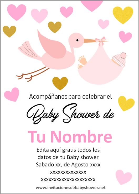 Invitaciones Baby Shower para Niña Cigüeña Corazones