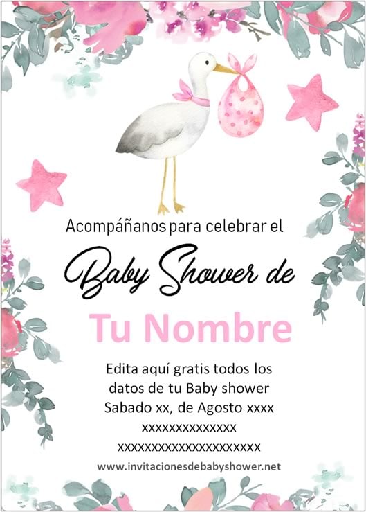 Invitación Baby Shower para Niña Cigüeña