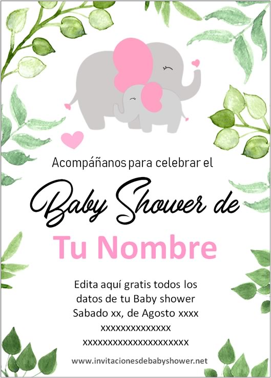 Invitaciones Baby Shower para Niña Elefante Elefantito