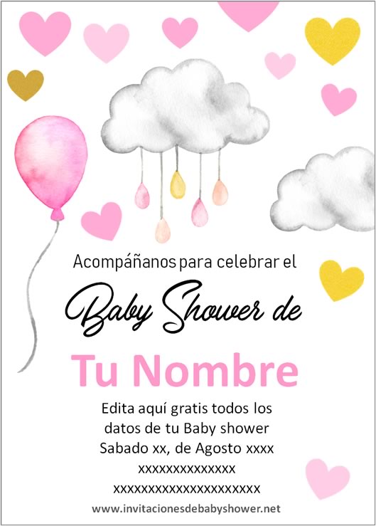 Invitaciones Baby Shower para Niña Nubes globos