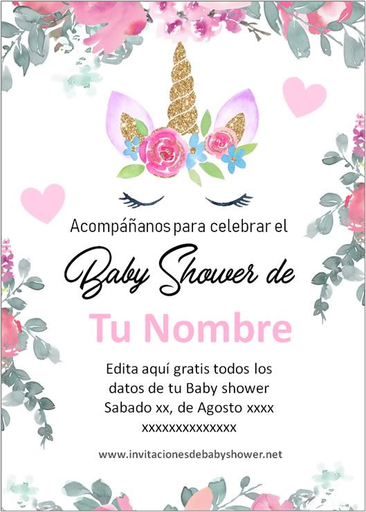 Invitación Baby Shower Niña Unicornio Flores