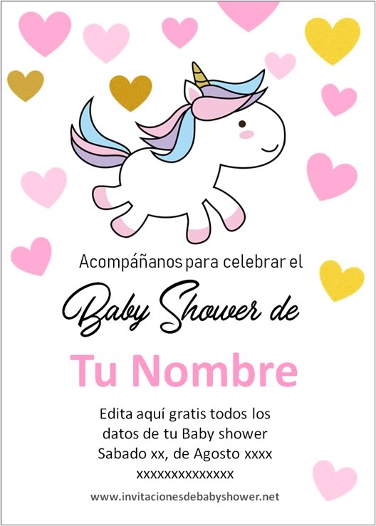 Invitaciones Baby Shower Niña Unicornio kawaii