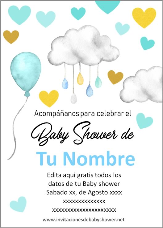 Invitaciones Baby Shower para Niño nubes y globos azul
