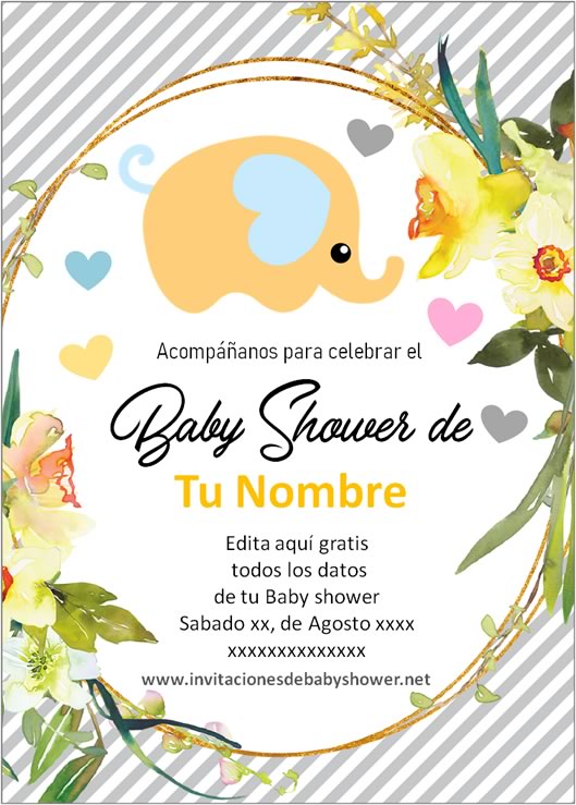 Invitaciones Baby Shower para Niño y Niña elefantes elefantitos amarillo