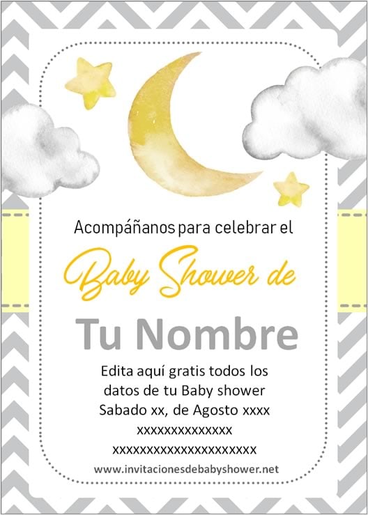 Invitaciones Baby Shower para Niño y Niña luna y estrellas amarillo