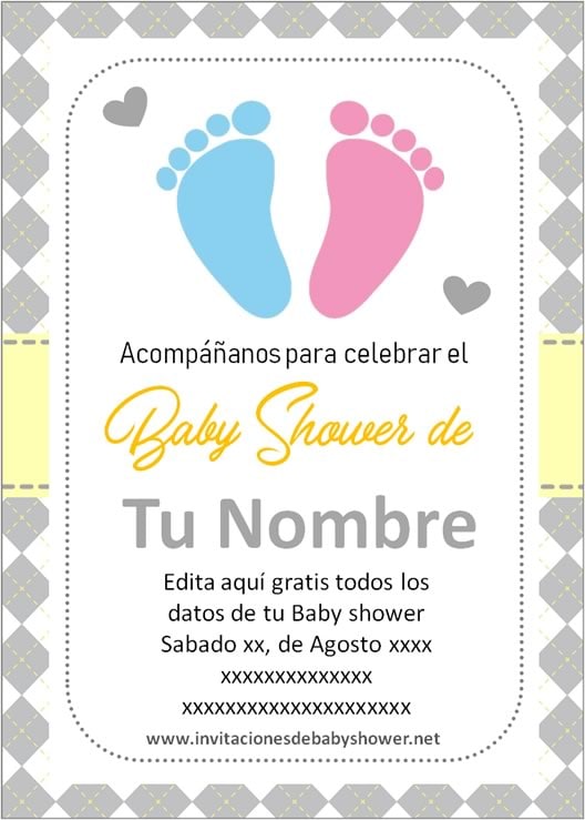 Invitaciones Baby Shower para Niño y Niña piecitos pies huellitas amarillo