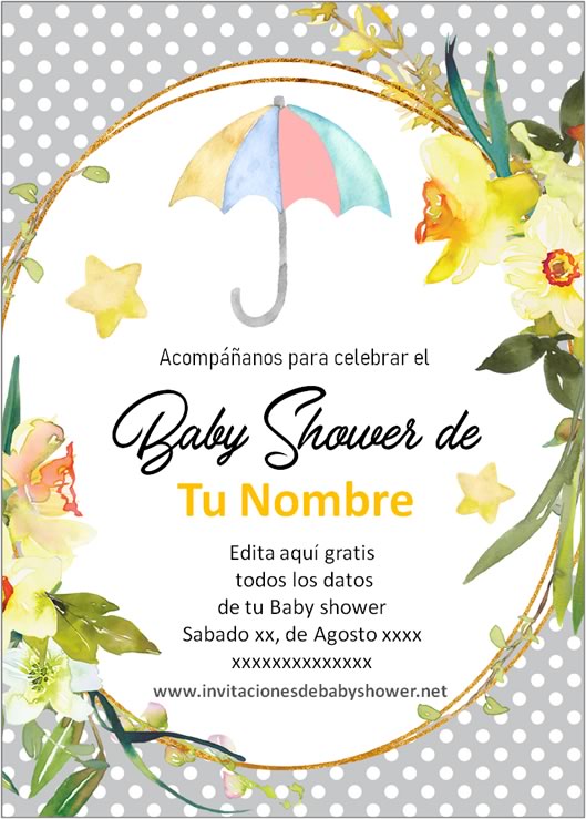 Invitaciones Baby Shower para Niño y Niña paraguas amarillo
