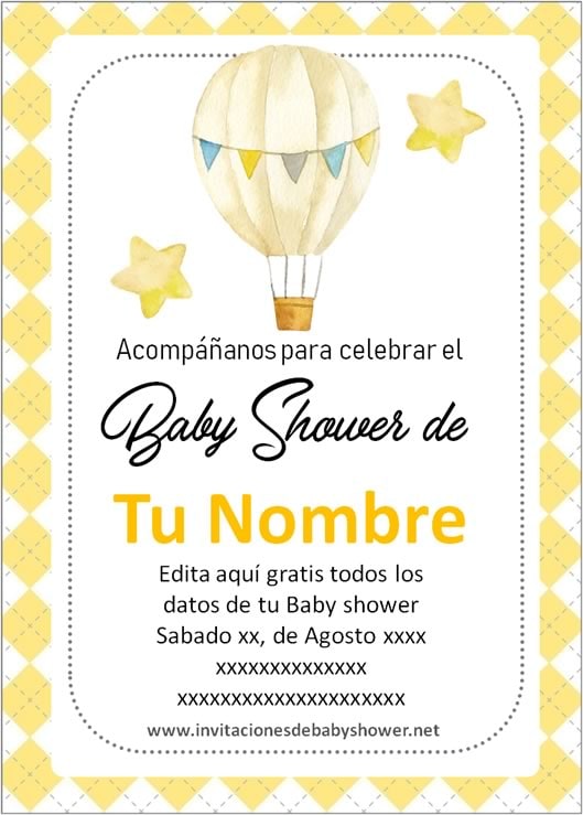 Invitaciones Baby Shower para Niño y Niña Globo aerostático amarillo