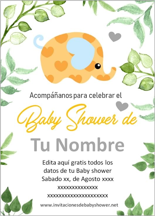 Invitaciones Baby Shower para Niño y Niña elefantes elefantitos amarillo