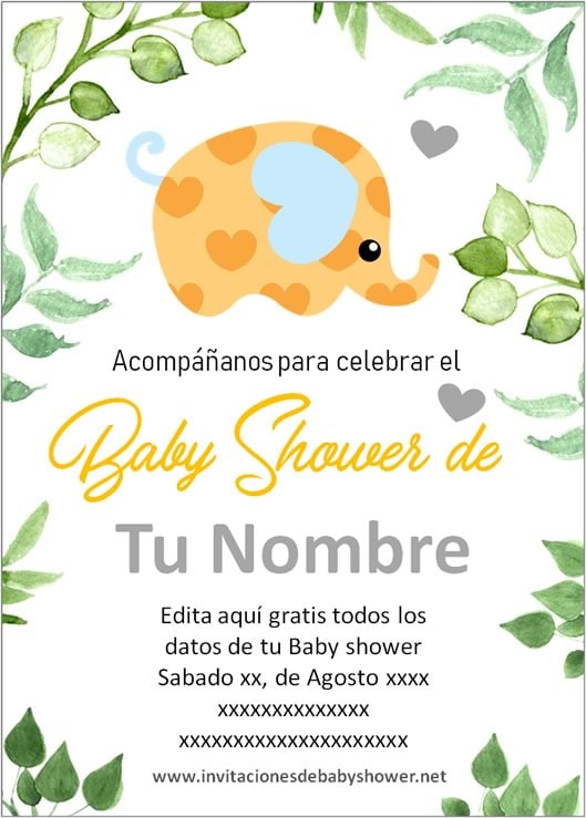 Invitaciones Baby Shower para Niño y Niña elefantes elefantitos amarillo