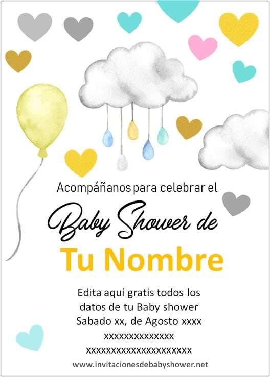 Invitaciones Baby Shower para Niño y Niña nubes globos amarillo