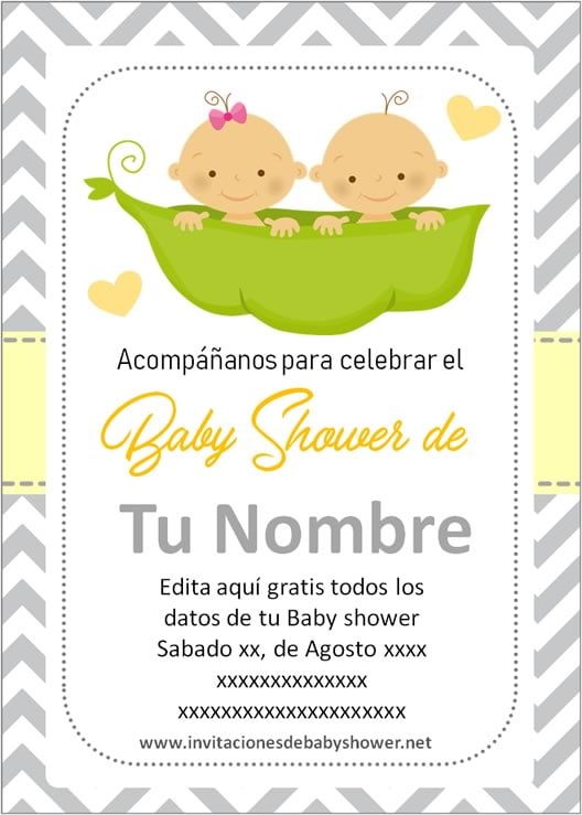 Invitaciones Baby Shower para Niñas o Niños gemelos o mellizos en amarillo