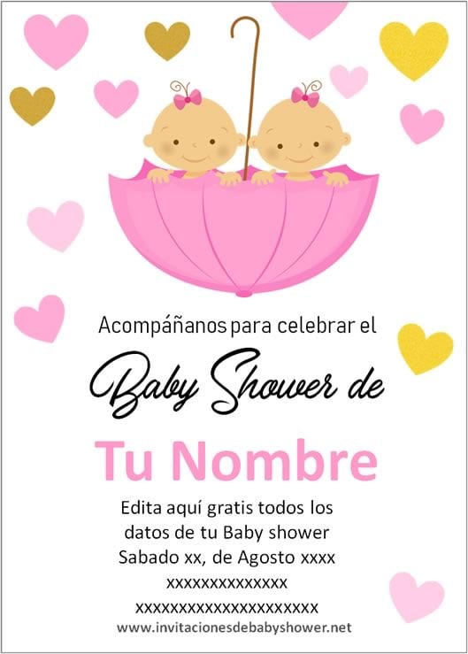 Invitaciones Baby Shower para Niñas gemelas o mellizas paraguas en rosa