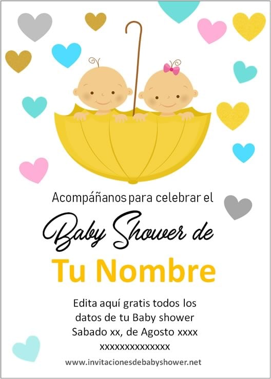 Invitaciones Baby Shower para Niños o Niñas gemelas o mellizas en amarillo