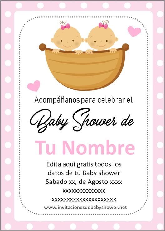 Invitaciones Baby Shower para Niñas gemelas o mellizas en rosa